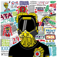 a drawing of a man wearing a gas mask with the words print mint me 250 on the bottom right