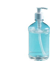 a clear bottle of hand sanitizer with a white pump on a white background