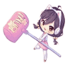 a chibi girl is holding a pink hammer with the word brave on it .