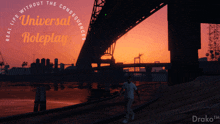 a man walking under a bridge that says real life without the consequences