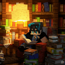 a minecraft character is reading a book surrounded by books