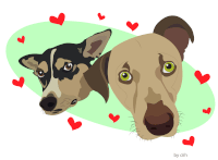 a drawing of two dogs with hearts around them and the name ciih on the bottom