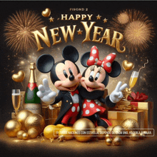 a poster with mickey mouse and minnie mouse celebrating new year