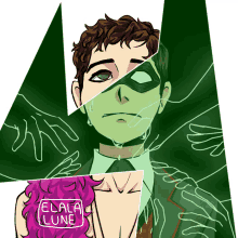 a drawing of a man with a green mask has the name elala lune written on it