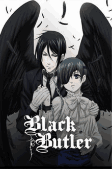 a poster for the anime black butler shows a man and a boy with wings .