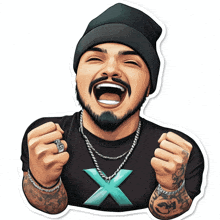 a sticker of a man with a beard wearing a beanie and a necklace with the letter x on it