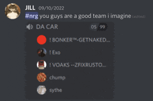 jill says you guys are a good team i imagine in a discord conversation