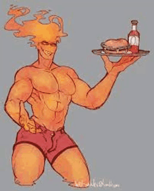 a shirtless man is holding a tray with a hamburger and a bottle of ketchup .