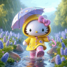 hello kitty wearing a yellow raincoat and holding a pink umbrella