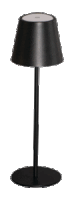 a black lamp with a round base and a black shade on a white background