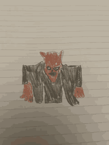 a drawing of a devil with a black shirt and red eyes