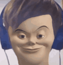 a close up of a cartoon character 's face wearing headphones and smiling .