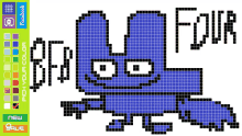 a pixel art drawing of a purple monster with the word four written below it