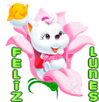 a cartoon of a cat sitting on a pink flower with the words feliz and luces