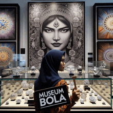 a woman holding a sign that says museum bola in front of a painting