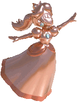 a statue of princess peach in a copper dress with a blue jewel on her chest