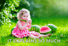 a little girl is eating a slice of watermelon with the words it explains so much below her