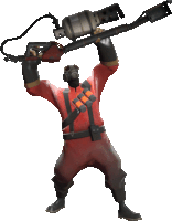 a man in a red uniform is holding a huge weapon over his head