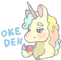 a drawing of a unicorn holding a cup with the words oke deh written below it