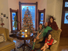 a family poses in front of a christmas tree in a living room