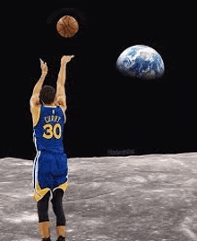 a basketball player is standing on the moon throwing a basketball .