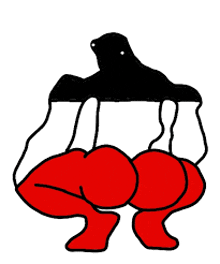 a cartoon drawing of a person with red pants and a black hat