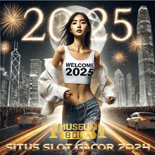 a woman in a white tank top that says welcome 2025 on it