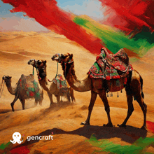 a painting of camels in the desert with gencraft in the bottom right corner