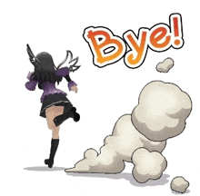 a cartoon of a girl running with the word bye behind her