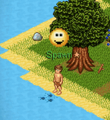 a pixel art drawing of a boy standing next to a tree with the word spawn on it