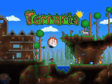 a screenshot of a game called terraria with trees and animals