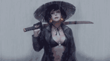 a woman in a hat holds a sword over her shoulder in the rain