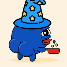 a blue cartoon character wearing a blue wizard hat and holding a red pot