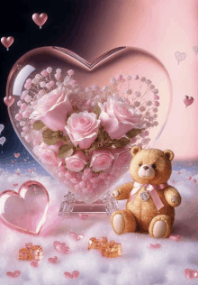 a teddy bear sits in front of a heart shaped vase with pink roses