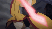 a cartoon character is holding a glowing red sword