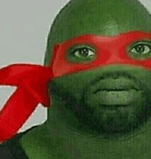 a man with a beard is wearing a turtle mask with a red band around his neck .