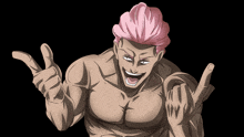 a shirtless man with pink hair is making a rock sign