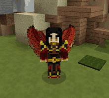 a minecraft character with red and gold wings is standing in front of a brick building