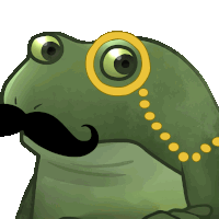 a green frog with a mustache and a gold ring around its eye