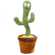 a stuffed cactus in a brown pot with big eyes is dancing and singing .