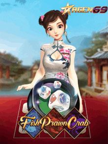 a game called fish prawn crab is being played by a woman in a cheongsam