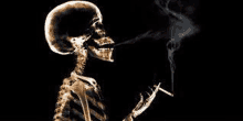 a skeleton is smoking a cigarette with smoke coming out of its mouth .