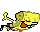 a pixel art drawing of spongebob squarepants laying down with a sponge in his mouth .