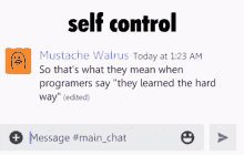 a screenshot of a text message with the word self control at the top