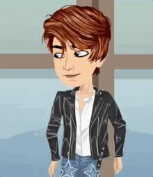 a cartoon of a boy wearing a black jacket and jeans with stars on them