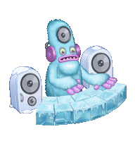 a cartoon monster wearing headphones is sitting on a block of ice