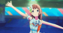 a girl is dancing on a stage with her arms outstretched .