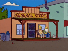 two cartoon characters sit on the porch of the general store