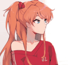 a drawing of a girl with long red hair and a red shirt with the number 02 on it