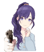 a girl with purple hair and blue eyes is pointing a gun